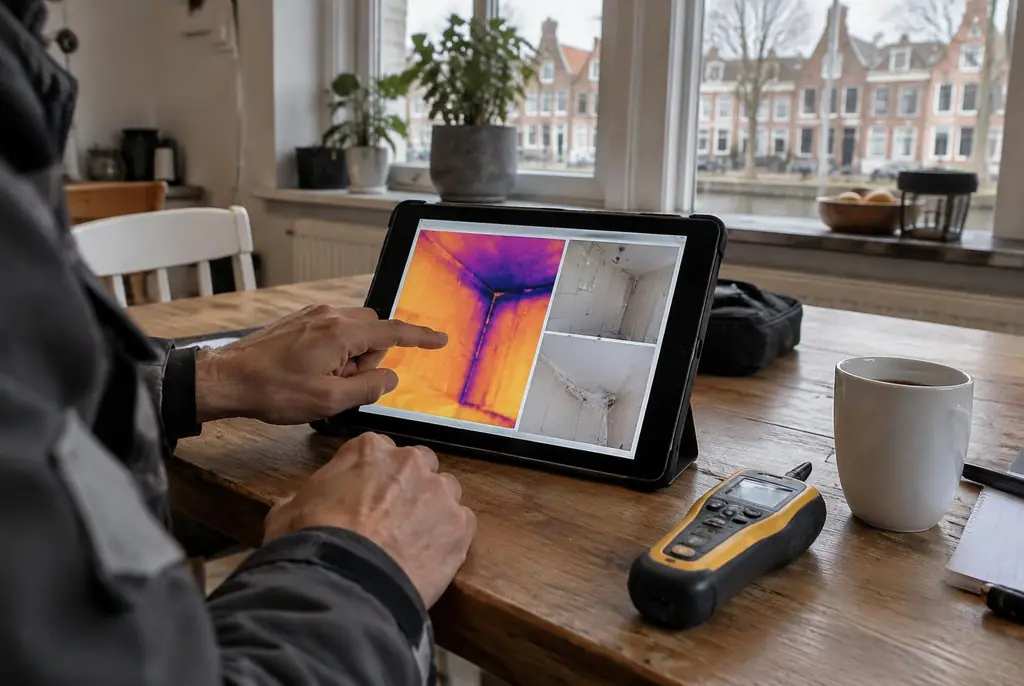 Lekdetectie Renkum – lekdetectierapport met warmtebeelden en foto's op een tablet