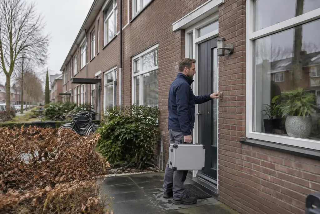 Lekdetectiespecialist met meetkoffer bij de voordeur van een woning in Renkum